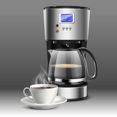 3 d realistic vector illustration of a coffee machine with white coffee cup on a gray background.