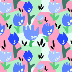 Abstract colourful tulips vector art. Modern trendy wallpaper, web background, fabric, gift paper and packaging design. Floral designs in reds, pinks, yellow, greens.