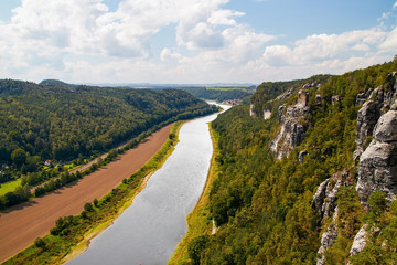 Panorama of the river valley of the Elbe in the Elbe Sandstone Mountains of Saxon Switzerland