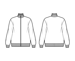 Oversized long-sleeved zip-up sweatshirt technical fashion illustration with cotton-jersey, ribbed trims. Flat outwear jumper apparel template front back white color. Women, men unisex top CAD mockup