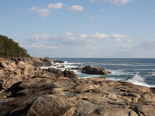 View of the waves pounding the rock beds. Kuji city, Iwate Prefecture, Japan.