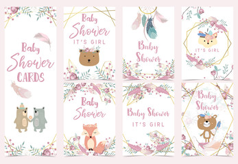 Geometry pink gold boho invitation card with rose,leaf,wreath,feather,bear,fox and frame