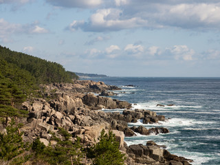 View of the waves pounding the rock beds. Kuji city, Iwate Prefecture, Japan.