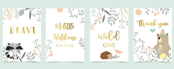 Collection of pink boho cards set with bear,jungle,skunk,hedgehog .Vector illustration for birthday invitation,postcard and sticker.Editable element