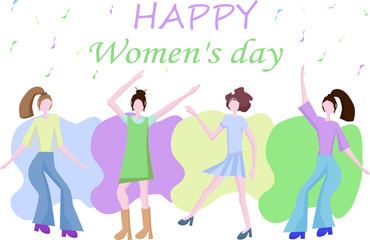 Modern young girls are dancing. Dance moves, fun and entertainment. Women's friendship and common leisure. Together will celebrate the International Women's Day. Flat design