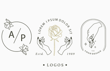 Beauty occult logo collection with hand,geometric,rose,moon,star,flower.Vector illustration for icon,logo,sticker,printable and tattoo