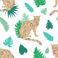 Tropic summer painting seamless pattern with leopard and tropical leaves. Tropical botanical Motives. Vector illustration. Summer decoration print for wrapping, wallpaper, fabric. 