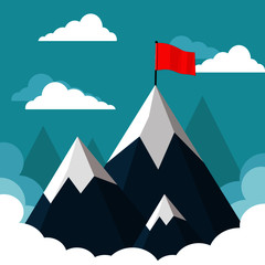 Landscape with flag on the mountain. Success concept. Overcoming difficulties. illustration