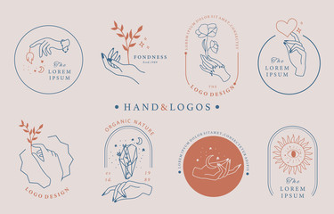 Beauty occult logo collection with hand,geometric,rose,moon,star,flower.Vector illustration for icon,logo,sticker,printable and tattoo