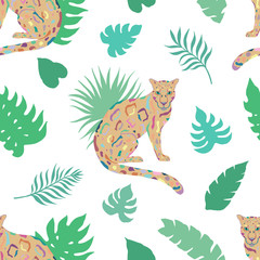 Tropic summer painting seamless pattern with leopard and tropical leaves. Tropical botanical Motives. Vector illustration. Summer decoration print for wrapping, wallpaper, fabric. 