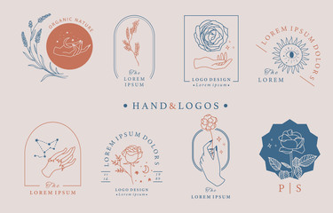 Beauty occult logo collection with hand,geometric,rose,moon,star,flower.Vector illustration for icon,logo,sticker,printable and tattoo
