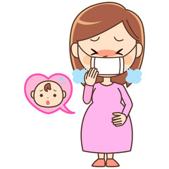 マスクをして咳き込む妊婦と心配する赤ちゃん