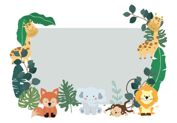 Naklejka premium Green collection of safari background set with monkey,fox,giraffe.Editable vector illustration for birthday invitation,postcard and sticker