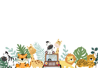 Green collection of safari background set with zebra,lion,giraffe.Editable vector illustration for birthday invitation,postcard and sticker - obrazy, fototapety, plakaty
