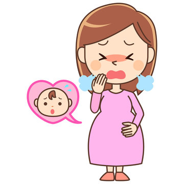 咳をする妊婦と心配する赤ちゃん