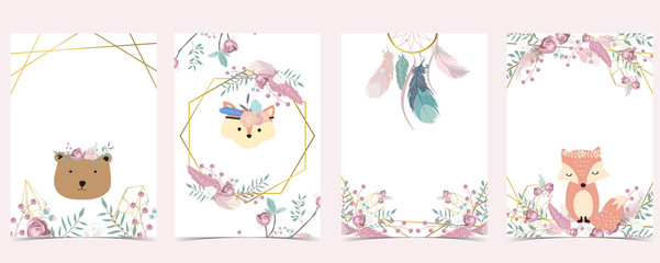 Fototapeta na wymiar Geometry pink gold boho invitation card with rose,leaf,wreath,feather,animal and frame