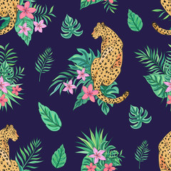 Tropic summer painting seamless pattern with leopard and tropical leaves. Tropical botanical Motives. Vector illustration. Summer decoration print for wrapping, wallpaper, fabric.