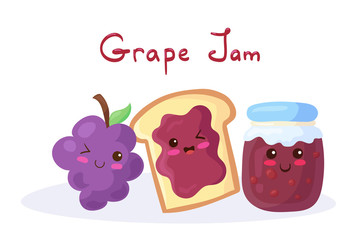 Bread Toast with Grape Jam, smiling funny Berry & Jar with lettering. Vector kawaii food illustration in cute cartoon style isolated on white background. Colorful dessert, breakfast, menu, print.