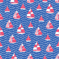 Seamless abstract sea waves pattern. Nautical background with sailboats. Vector