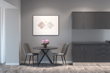 Kitchen interior with the horizontal poster above a round table with two chairs between gray kitchen cabinets and a doorway. Front view. 3d render
