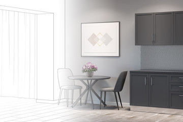 The sketch becomes a real kitchen with the horizontal poster above a round table with two chairs between gray kitchen cabinets and a doorway. 3d render