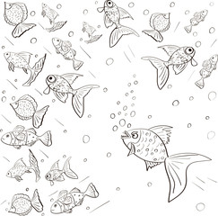 Fototapeta premium Piranha chasing fish. Black and white hand drawn vector sketch.