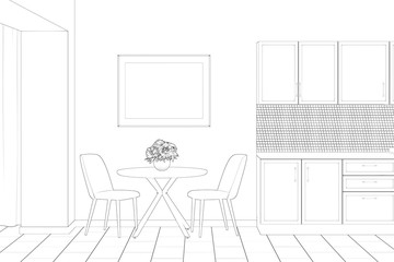 Sketch of the kitchen with the horizontal poster above a round table with two chairs between kitchen cabinets and a doorway. Front view. 3d render