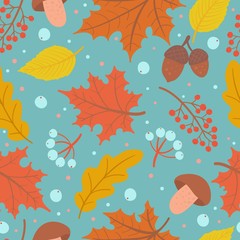Fototapeta na wymiar Autumn pattern with oak leaves, maple, berries, acorn and mushrooms. Cozy season background. Vector illustration for textile, wrapping, wallpaper.