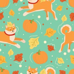 Autumn seamless pattern with cute animals, pumpkins and leaves. Childish vector illustration. Design for textile, wrapping, wallpaper.