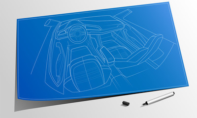 Concept car interior in the proces of drawing