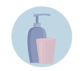 Daily hygiene. Bottle with mouth rinse or liquid soap dispenser, plastic cup for liquids. Bathroom items.  Flat vector design.