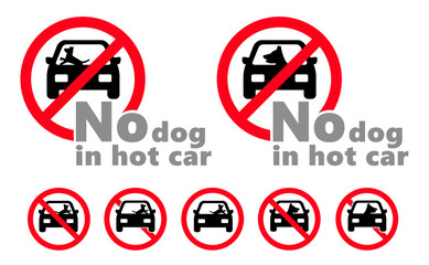 Hot cars kill dogs. Stop, do not dog in hot car or dog in locked cars in the summer. Abandoned animal in closed space ( parking ). Vector pet sign. No pets inside car in the sun as heat stroke.