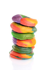 closeup stack of rainbow bagels