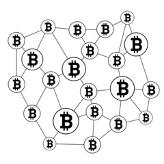 Block chain structure and Bitcoin icon. Vector outline Illustration and icons.