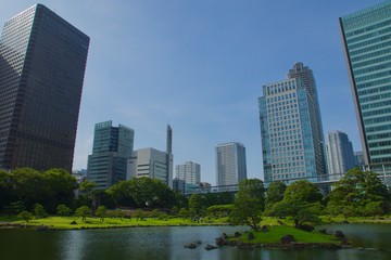 Fototapeta na wymiar 旧芝離宮恩賜庭園　日本庭園と浜松町高層ビルの対比　コントラスト