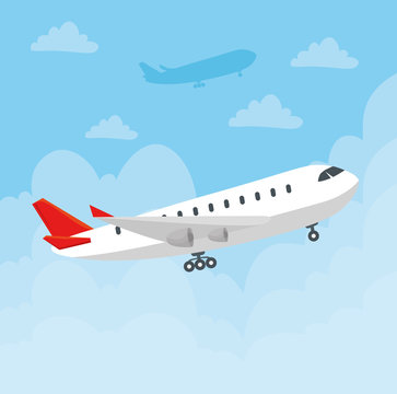 modern airliner flying, large commercial passenger aircraft in the sky vector illustration design