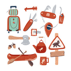 Collection of adventure tourism, travel abroad, summer vacation trip, hiking and backpacking decorative design elements isolated on white background. Flat cartoon colorful vector illustration.
