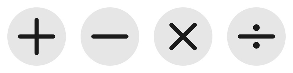 Conjunto de operaciones aritméticas. Matemáticas. Suma, resta, multiplicación, división. Signos o iconos. Ilustración vectorial estilo plano aislada en fondo blanco