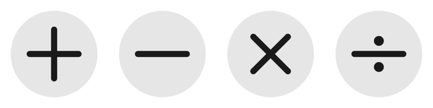 Conjunto de operaciones aritm&eacute;ticas. Matem&aacute;ticas. Suma, resta, multiplicaci&oacute;n, divisi&oacute;n. Signos o iconos. Ilustraci&oacute;n vectorial estilo plano aislada en fondo blanco