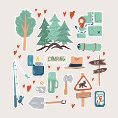 Collection of adventure tourism, travel abroad, summer vacation trip, hiking and backpacking decorative design elements isolated on white background. Flat cartoon colorful vector illustration.