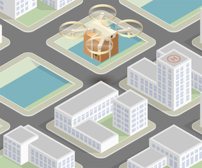 Drone delivery above the flat city concept illustration. Quadcopter flying over a town and carrying a package to customer. 3d isometric icon