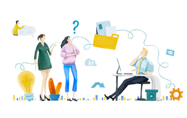 Coworking office, business meeting, planning, Business people talking and working in office. Start up, creative environment, young professional people working together, management and administration c