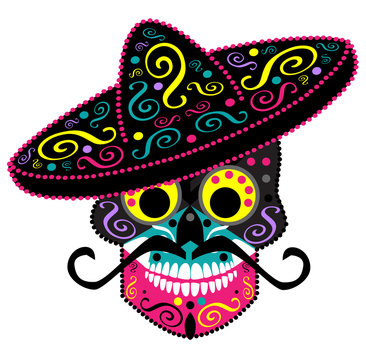 Mexican skull with sombrero, Day of the dead vector background