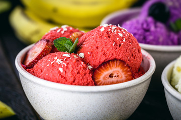 vegan strawberry ice cream, red ice cream with fruits