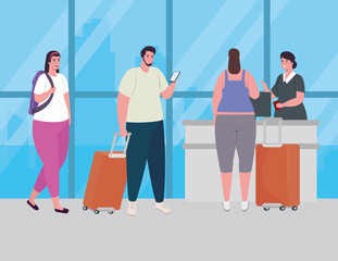people standing to check in, order to register for flight, women and man with baggages waiting for plane departure at airport vector illustration design