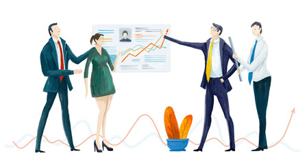 Business team work in process concept illustration. Group of business people having meeting, discussion on global planning and marketing research. Help, advisory, financial services, support and solv