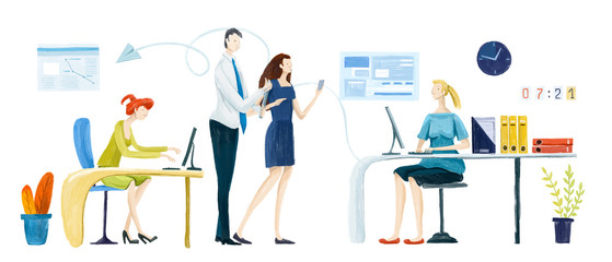 
Business team work in process concept illustration. Group of business people having meeting, discussion on global planning and marketing research. Help, advisory, financial services, support and solv