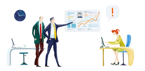 Balance financial value, management and administration concept. Characters, people engineering a plan. Statistic, calculating financial risk graph. Business concept illustration