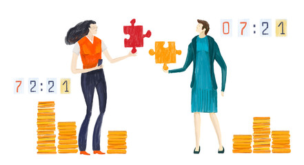 Business people solving the puzzle problem. New idea, startup,  goal thinking, solving the problem, finding solutions, infographic of puzzle. Business concept illus