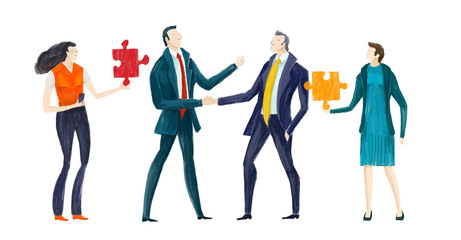 Obraz premium Business people solving the puzzle problem. New idea, startup, goal thinking, solving the problem, finding solutions, infographic of puzzle. Business concept illus